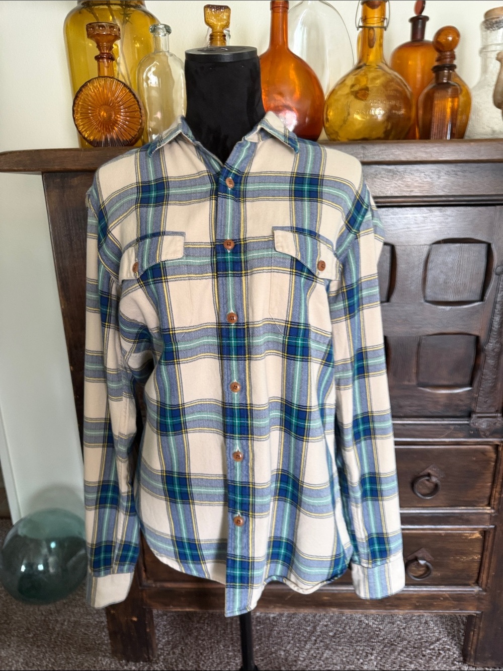 J. Crew Trade & Co. men's tan and blue plaid button-front flannel shirt